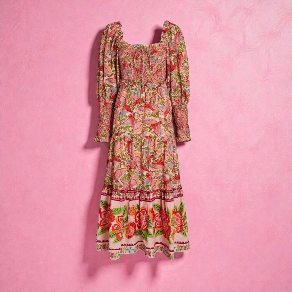 Farm Rio Anthropologie Pink Macaw Flight Smocked Maxi Dress. NWT! Size XS